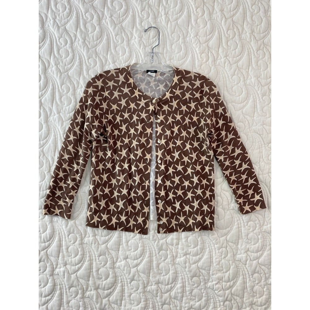 J.Crew Cardigan Brown Women Small Starfish Print Cotton Knit Sweater